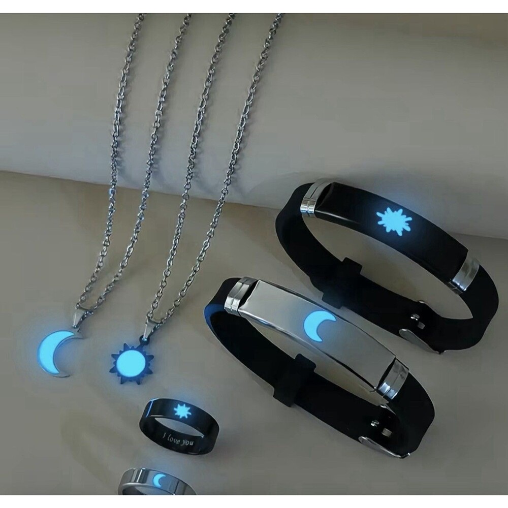 Sun & Moon Couple Jewelry Set Bracelet Necklace Rings Black/Silver